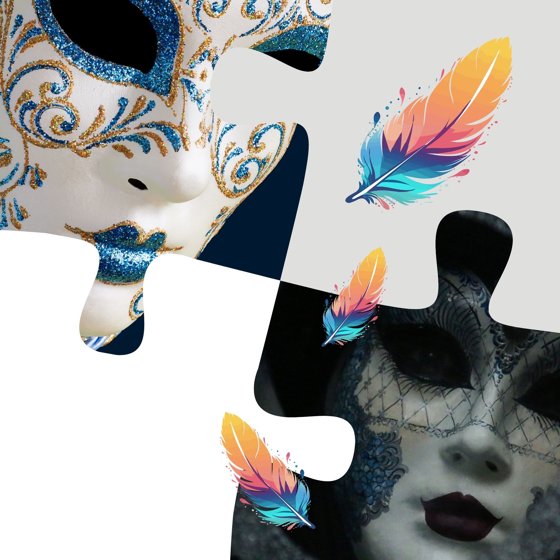 Puzzle pieces with images of masquerade masks and multicoloured feathers